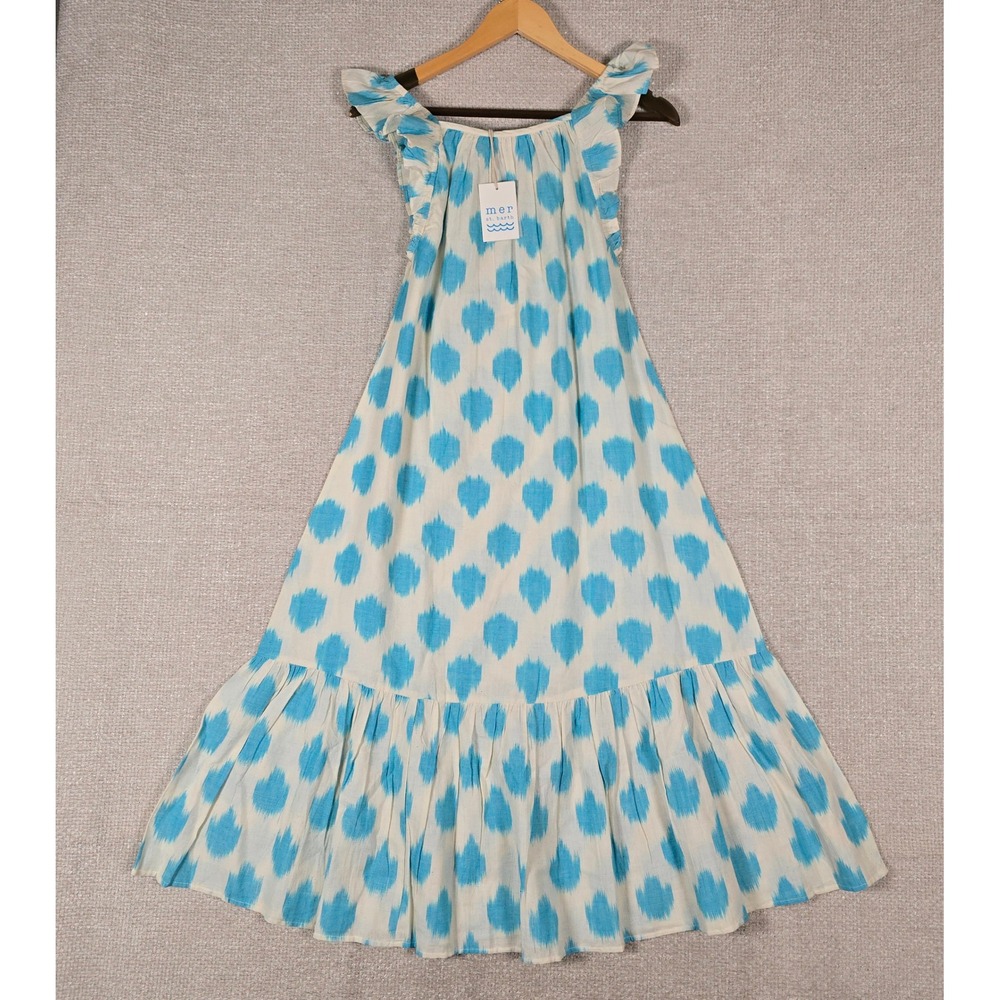 Mer St.‎ Barth Eva Ruffle Dress XS Cream Aqua Ikat Sleeveless Tiered Midi NEW